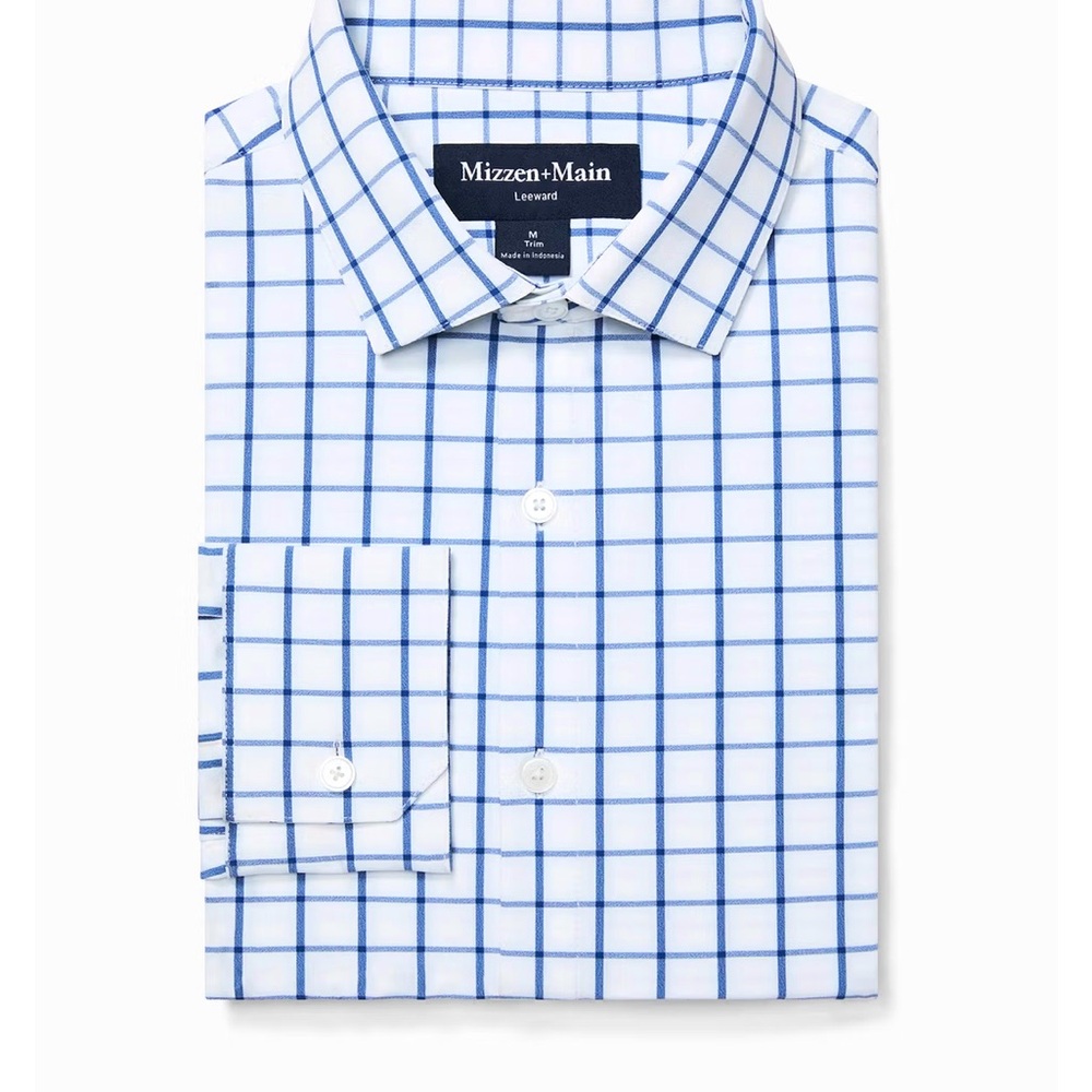 Mizzen+Main Men’s Leeward Dress Shirt White Navy Windowpane size Medium NWT